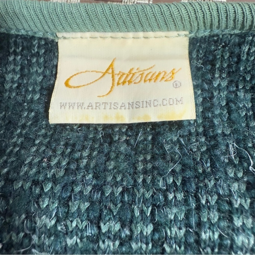 Artisans Forest Cabincore Cardigan Size S Bear Print Grandpa Green Kitschy Paint - Picture 11 of 13